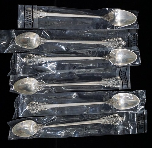 Lot of 6 Wallace GRAND BAROQUE Sterling Silver Iced Tea Spoons New In Package