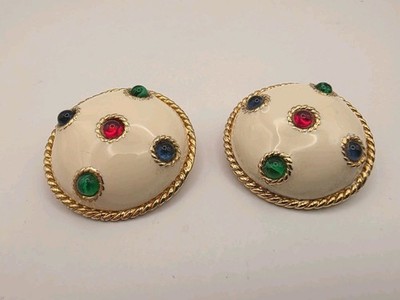 Vintage Ciner RARE Mughal Jewels Of India Cabachon Gripoix Cream Enamel Earrings