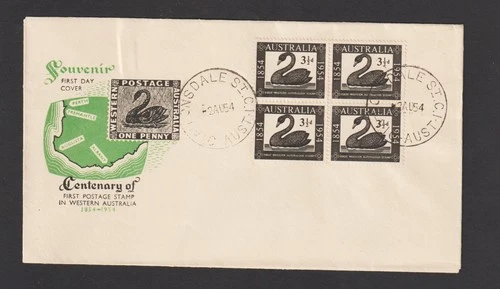 AUSTRALIA 1954 FDC WA FIRST STAMP CENTENARY BLOCK OF 4 UNADDRESSED
