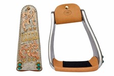 Horse Western Saddle Rodeo Floral Engraved Turquoise Stone Angled Stirrups 51246