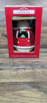 NEW Holiday Time Christmas Cookie Jar Red Penguin Ceramic Hand Painted Canister