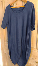 Made in Italy Fits UK 8-14 Free Size 100% Linen Navy Blue Cocoon Dress Lagenlook