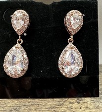 ROSE GOLD Plated Cubic Zirconia Wedding Bridal Teardrop Dangle Earrings Gift