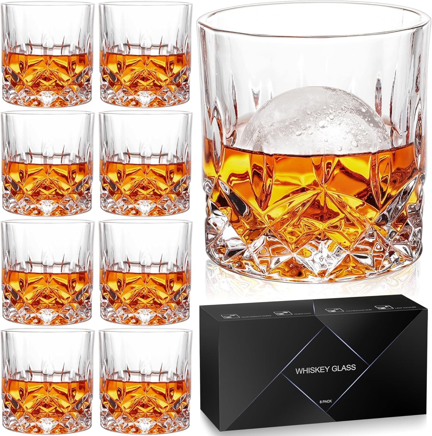 Waterford Style Double Old Fashioned Whiskey Glasses Set of 8 Crystal Scotch Tumblers