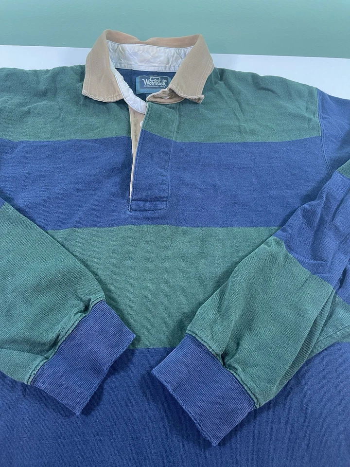 Camisa Henley De Colección Años 80 90 Woolrich Para Hombres Mediana Verde Azul Rayas Rugby Manga L Foto 3 de 4