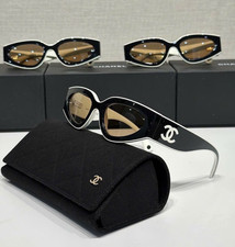 Chanel CH6056 54mm Cat Eye Sunglasses in Black and White w Beige Lenses NEW 100 
