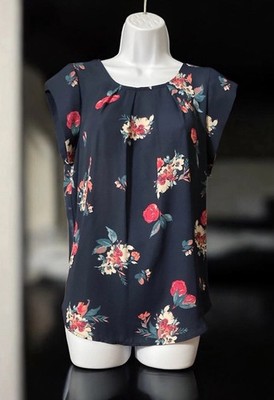 Women Sweet Rain Blue Short Sleeve Floral Design Pullover Polyester Blouse Sz M
