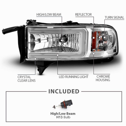 94-01 Dodge Ram 1500 2500 3500 Chrome Housing 1pc Headlights Corner CCFL C DRL - Picture 3 of 4
