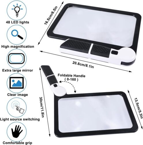 48 LED light reading magnifier 5 x magnifying glass 3 dimming modes newspaper magnifier hand magnifying glass - Picture 1 of 9