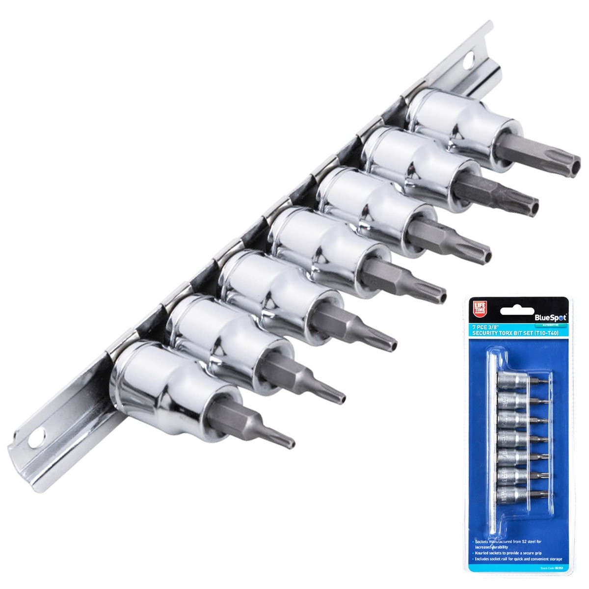 Blue Spot Tools 7-teiliges Torx-Bit-Set – T10 Bis T40, 3/8 Zoll, S2-Stahl, Mit Aufbewahrungsschiene