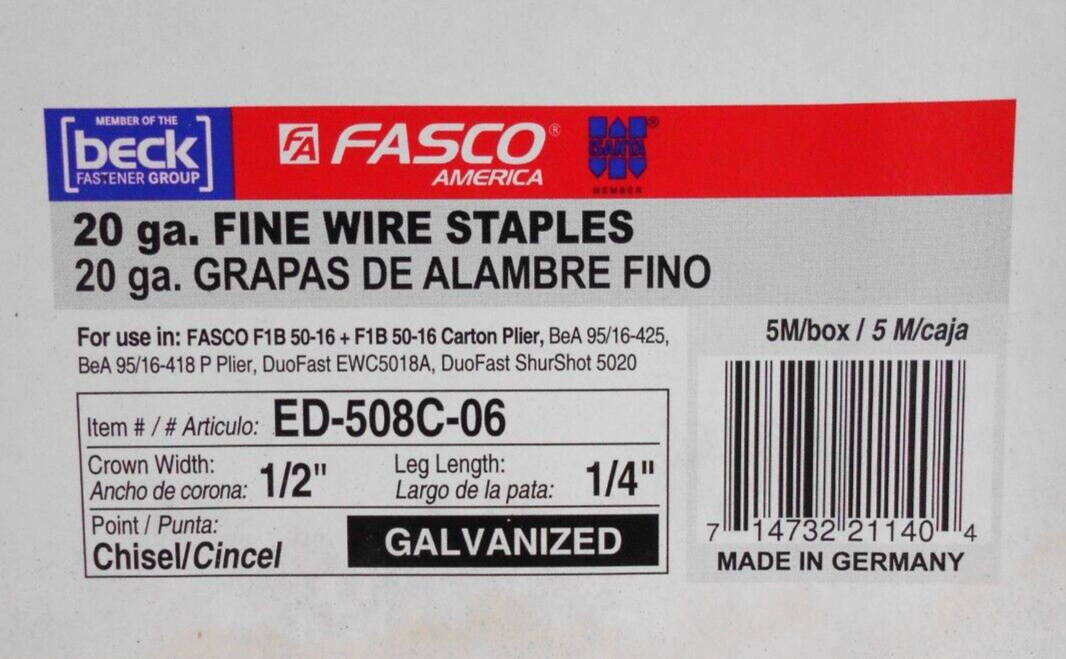 Fasco ES5010 20ga Gal 1/2" Crown Fine Wire Staples 1/4" Leg 5000/Box