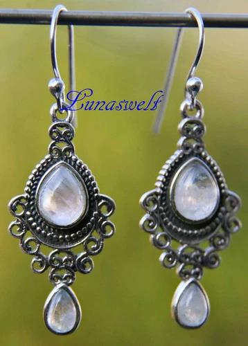 Earrings with 2 Moonstones Each Hand Forged Sterling Silver