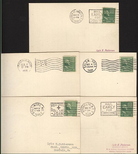 US CLOSED POST OFFICE POSTCARDS CANCELLED x5 DIFFERENT 1939 (ID