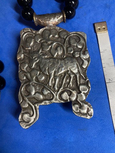 Boho Onyx Silver Tone Etched Frog Pendant Reversible Statement Necklace 20” DS - Picture 5 of 9