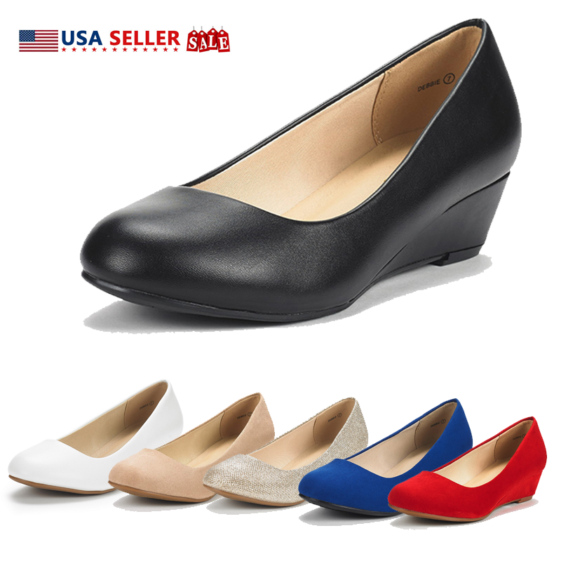 Women Mid Wedge Heel Pumps Round Toe 