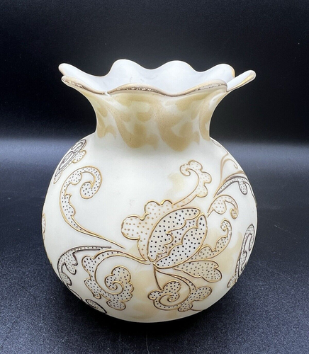 Mt. Washington-Crown Milano-Opaque Glass Ball Vase With Beaded Decor - Picture 2 of 12