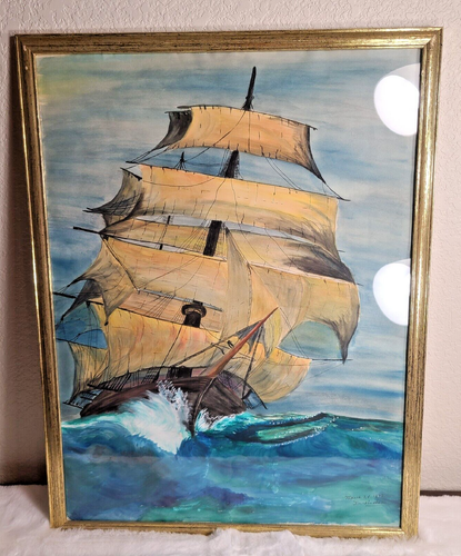 Dipinto acquerello originale firmato di Doris Huston La tempesta 1972 26" x 20" - Foto 1 di 7