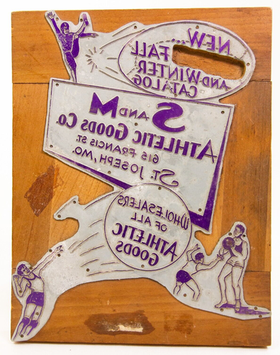 Antike S&M Athletic Goods Company Metalldruck Presse St Joseph MO auf Holz - Bild 6 von 11