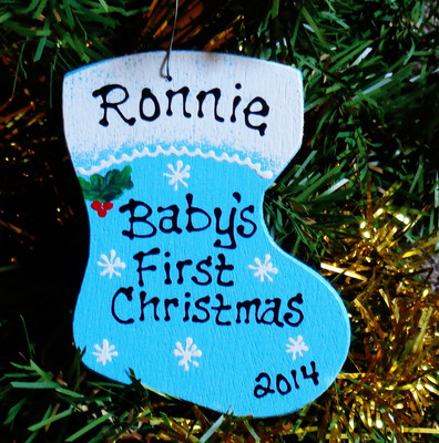 BABY'S FIRST Christmas ORNAMENT Blue U CHOOSE NAME & YEAR Wood Stocking Boy Gift