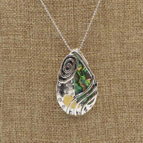Silver Tone 1mm Chain Abalone And Cream Enamel Teardrop Pendant Necklace - Picture 3 of 12