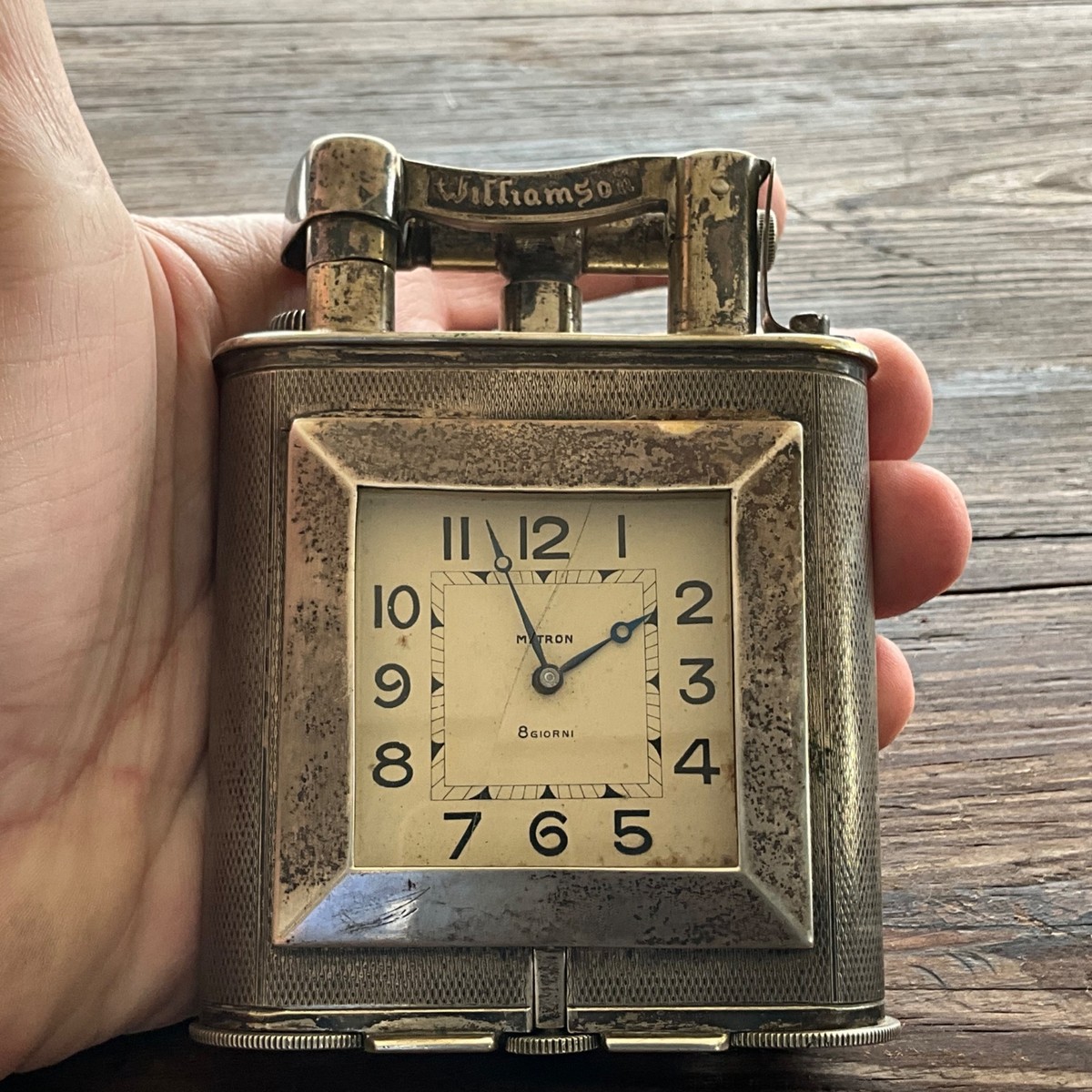 VINTAGE SAFA WILLIANSON STERLING LIFT LIGHTER CLOCK JUMBO TABLE 1920 #6020