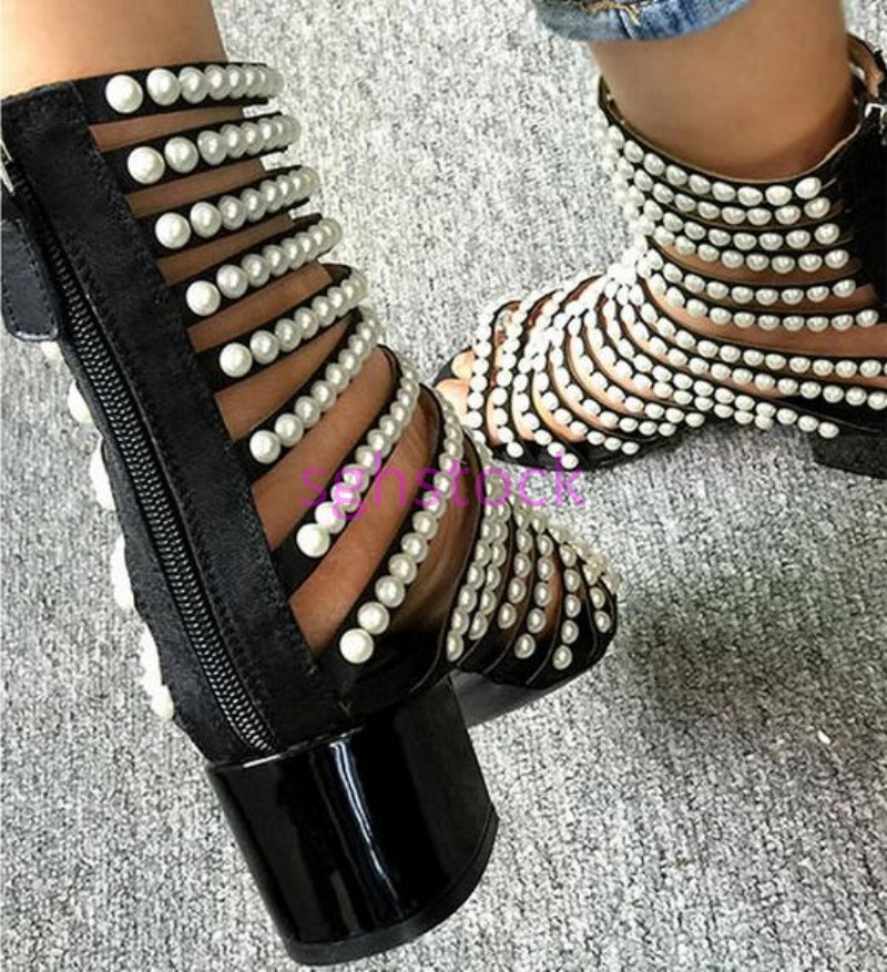 Punk Ladies Peep Toe Pearls Hollow Out Roman Roman Roman Sandal Boots Block Heels Zip shoes 3eab6b Punk Ladies Peep Toe Pearls Hollow Out Roman Roman Roman Sandal Boots Block Heels Zip shoes 3eab6b