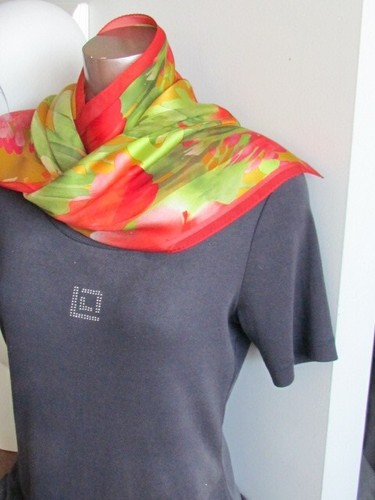 Silk Chiffon Satin Printed Scarf Floral Abstract Adrienne Vittadini Lime Pink - Picture 2 of 11