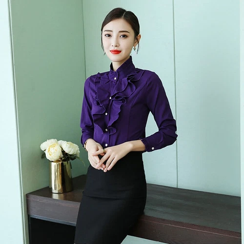 Camisa Blusa Top Oficina Dama Cuello Alto Volantes Manga Larga Calce Ajustado Formal - Imagen 8 de 23