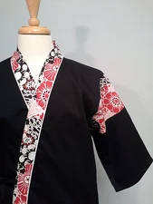 Happi Sushi Chef Coat, Serving Short Kimono, Flowers on Black