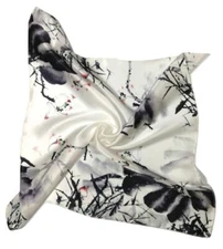 100% Mulberry Silk Square Scarf in Gift Box 21x21 Lotus-Black White