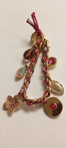 White House Black Market Charm Bracelet Gold Tone Chain Pink Rope Twist Crystal - Picture 4 of 10