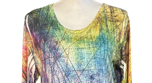 Jess & Jane Tunic Size Small Blue Abstract Asymmetric Hem Sequin Boho Artsy USA - Picture 3 of 7