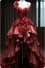 Short Front Long Back Unique Cubic Floral Red Evening Dresses Homecoming Dresses