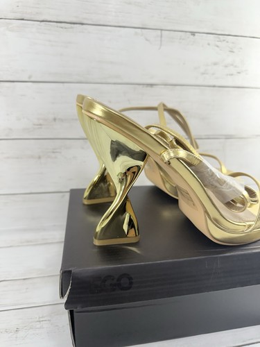 New Women Lace Up Strappy Sandals Distorted High Heels Open Toe Gold Sz 10 - Picture 4 of 12