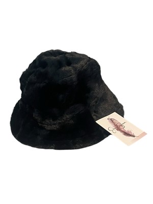 Jessica Simpson Bucket Hat Womens OS Black Faux Fur Winter Adjustable Soft NWT