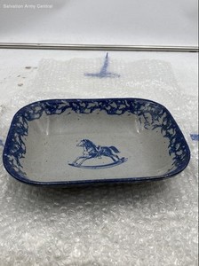 1991 Bastine Pottery Blue White Rocking Horse Print Rectangular Shape Baking Pan