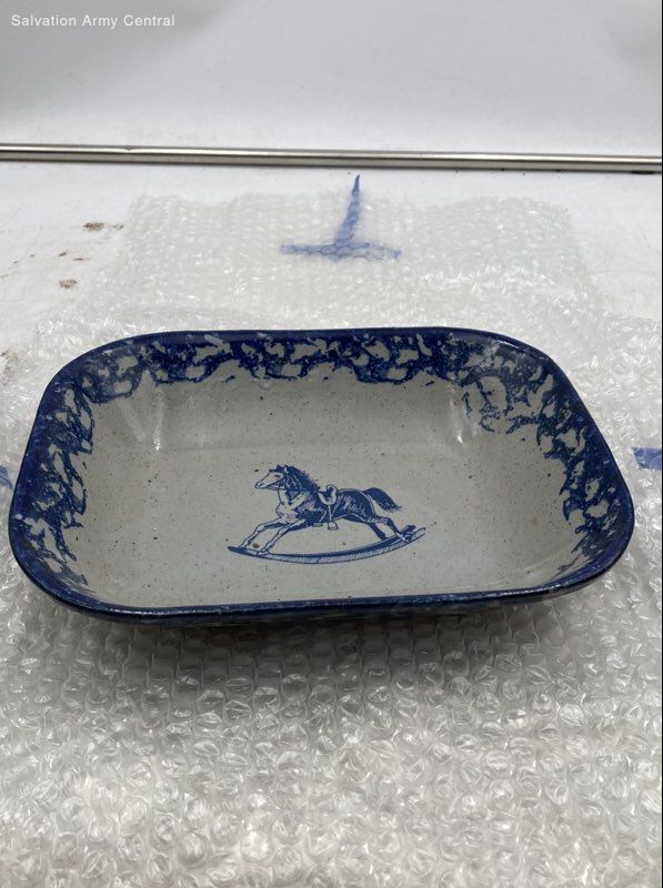 1991 Bastine Pottery Blue White Rocking Horse Print Rectangular Shape Baking Pan