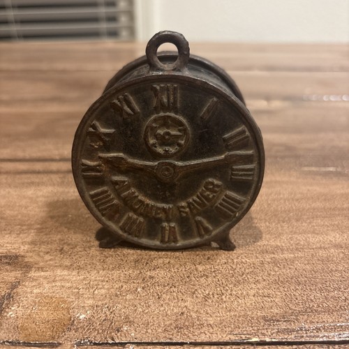 "A Money Saver" Clock Bank Cast Iron Steel Still Bank 1909-20s Vintage Antique