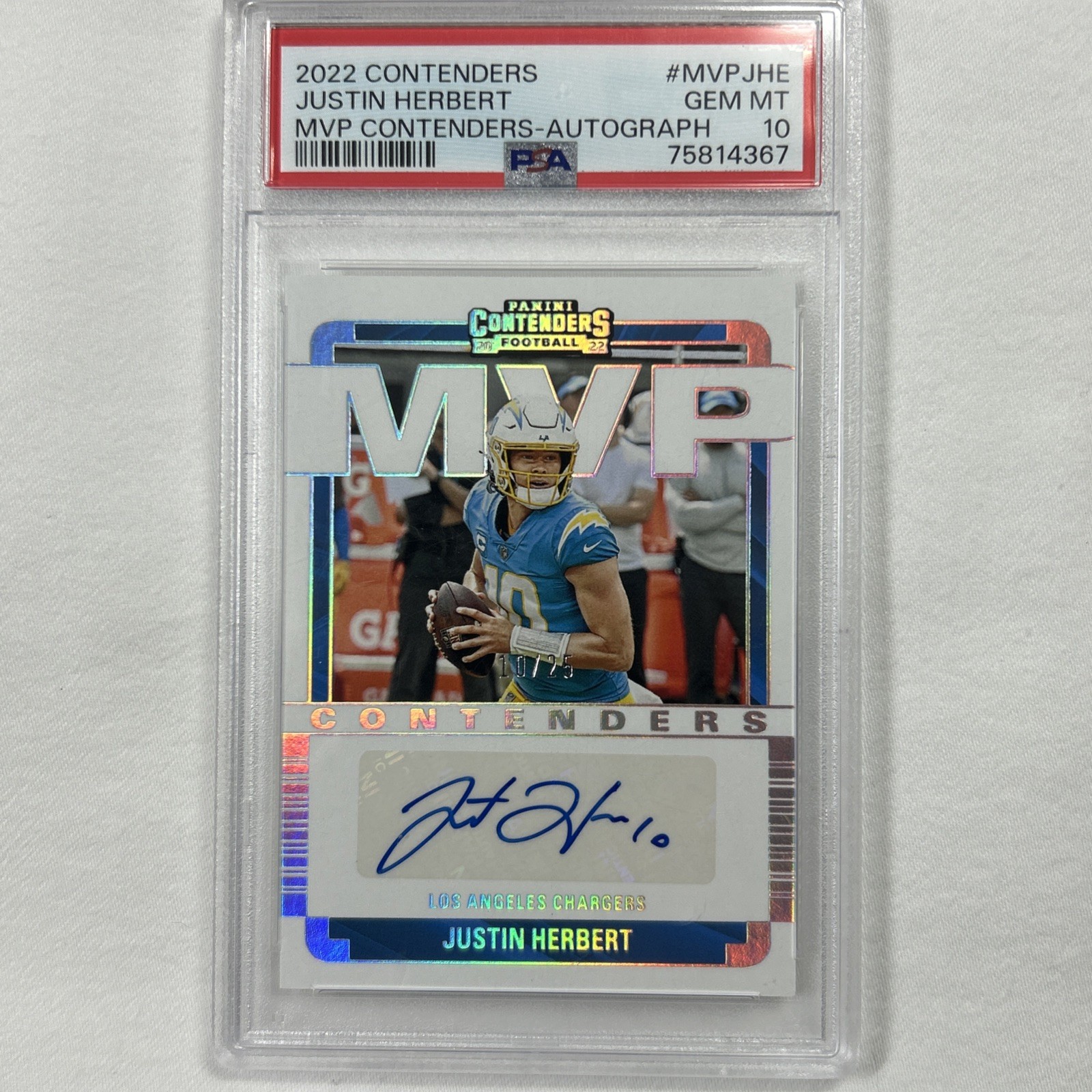 Justin Herbert 2022 Contenders MVP Auto PSA 10 /25 Jersey Match SSP Chargers view 1