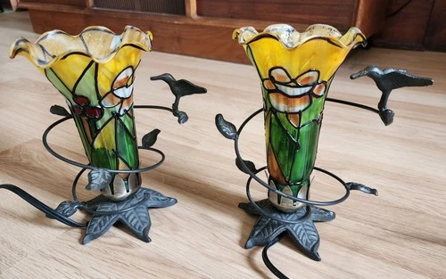 Vintage Tulip Painted Tiffany Style Glass Hummingbird Table Lamp Lot 2 Fluted