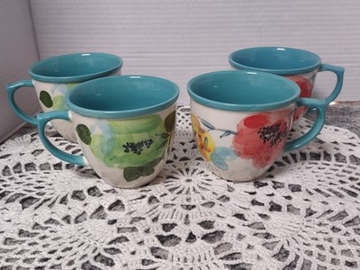 Vtg Pioneer Woman Bloom Poppy Ceramic Coffee Mug  Teal 4'' Wide Colorful Set Of 4