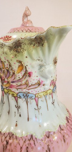 Antique Victorian Porcelain Chocolate Pot Hand Painted Pink Blue Lush Gold - Picture 11 of 17
