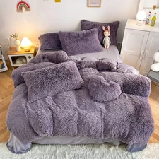 chovy Faux Fur Plush Purple Comforter Sets Queen - Ultra Soft Shaggy Flannel