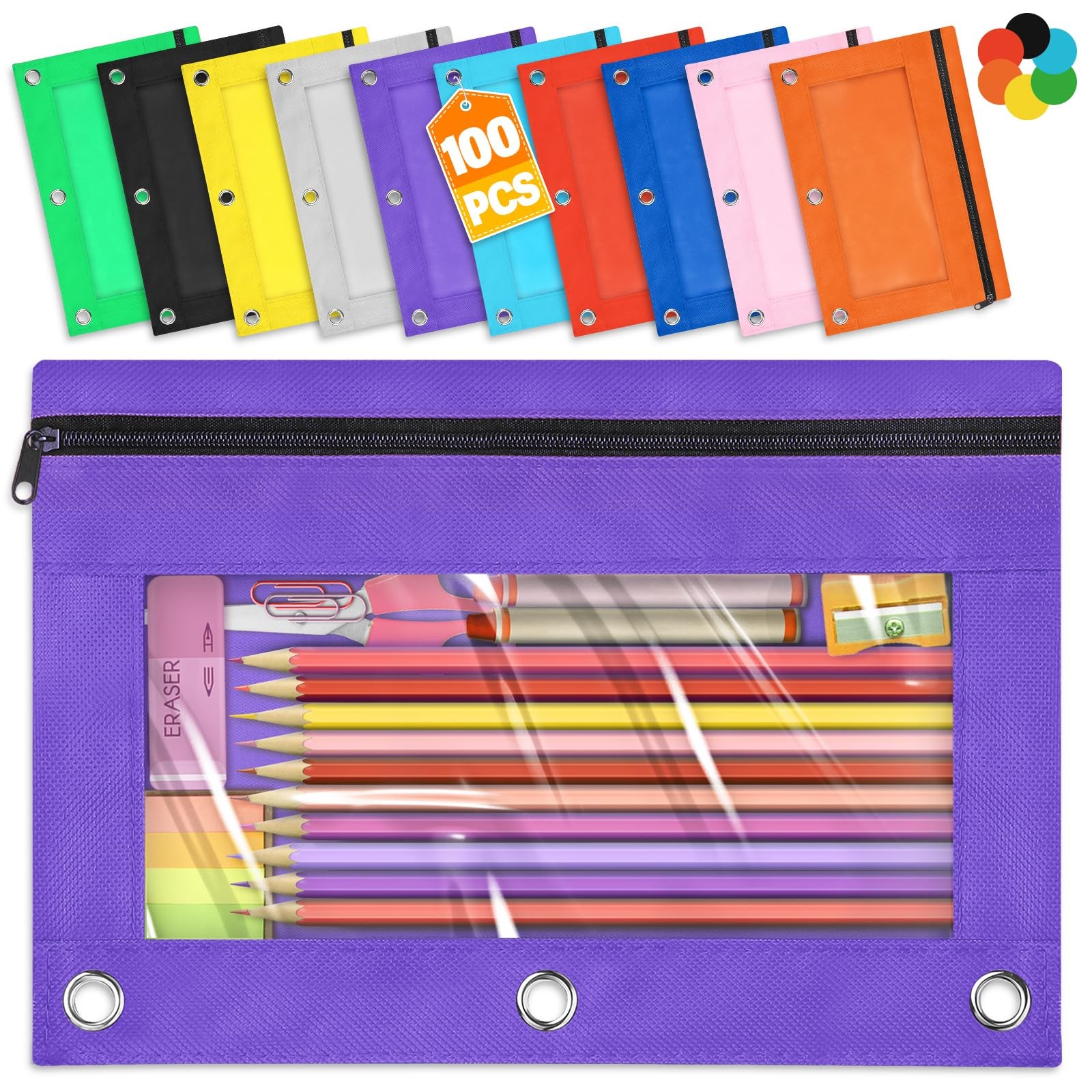 Pouch For 3 Ring Binder, 100 Packs Zipper Pencil Pouch Bulk In 10 Colo...