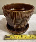 Vintage McCoy Pottery, Planter w/ Attached Saucer, Basketweave, Brown Glaze