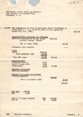 Morristown & Erie RR 1932 Bill Joint Facility Costs Essex Fells NJ $14.08 COPY