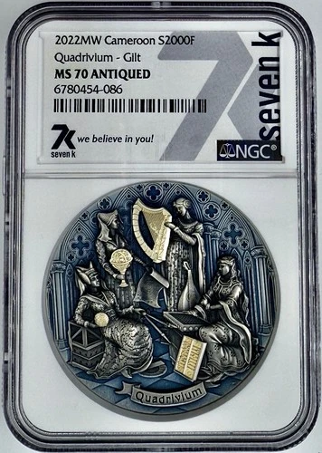 2022 MW Cameroon S2000F Quadrivium Gilt 2 Oz Silver Coin NGC MS 70 Antiqued