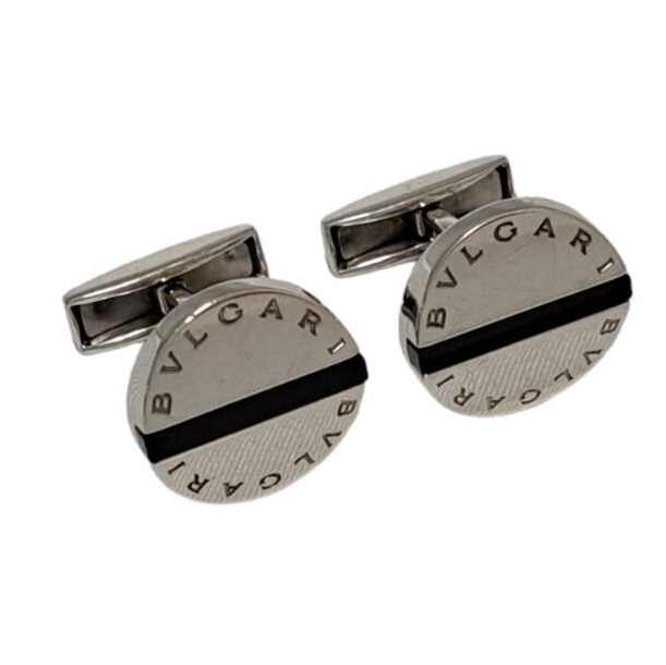 【美品】ブルガリ BVLGARI オニキス カフス スターリングシルバー Bvlgari Silver 925 × Onyx Round Shape Logoed Cufflinks with