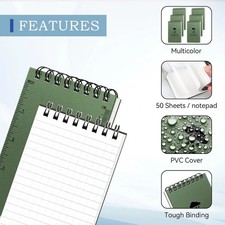 6 Pack Waterproof Notebook, 3 x 5 Pocket Notepad, Top-Spiral Weatherproof Not...