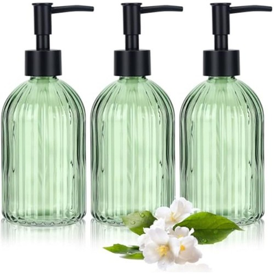 #ad 3 Pack Green Glass Soap Dispenser Set with Black Pump 13.5oz Refillab $29.73